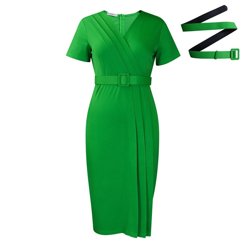 V Neck Waist Belted Pencil Dress