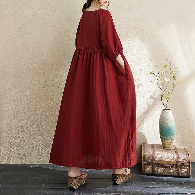 Double Gauze Round Neck Lantern Sleeve Loose Dress