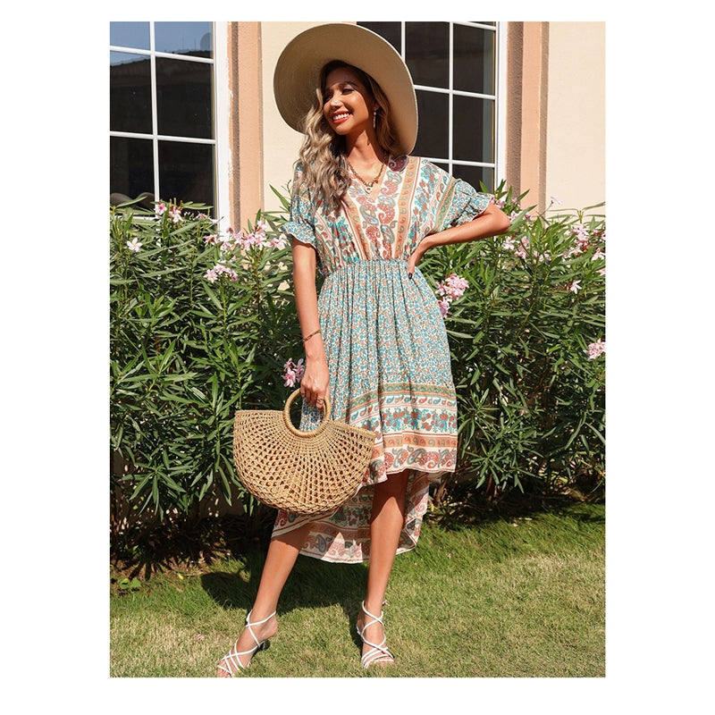 V-Neck Short Sleeves Backless Printed Midi Dress