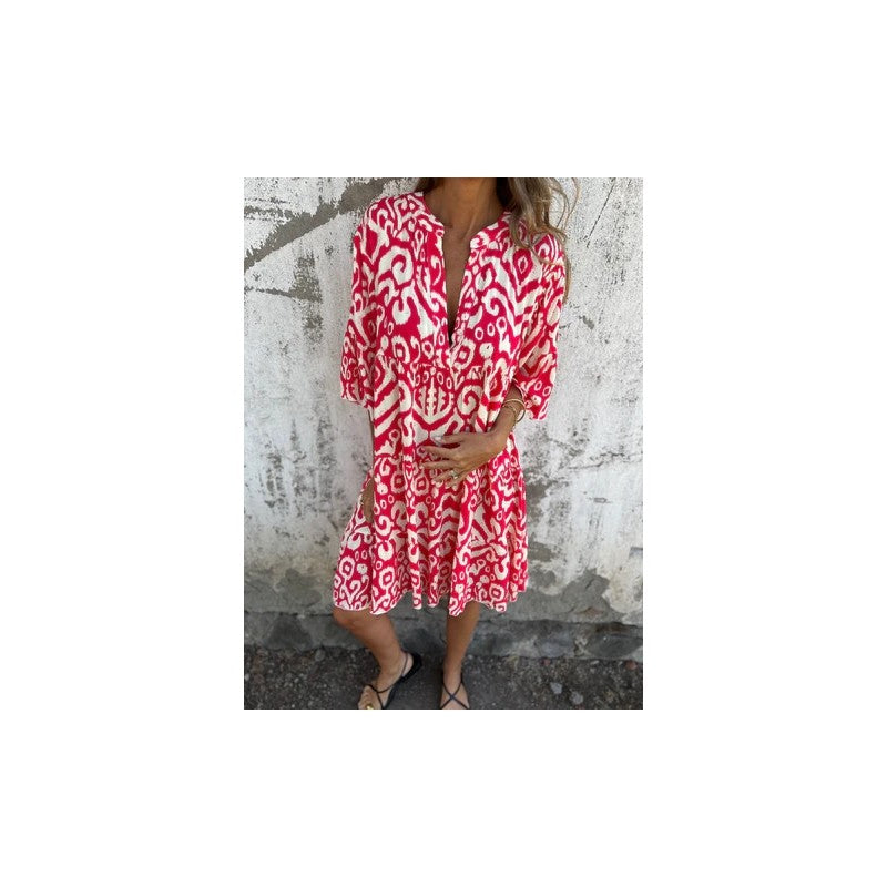 Loose V-Neck Print Pleated Short Dress
