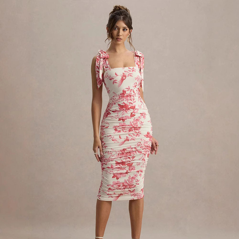 Women's  Summer Floral Print Ruched Dress Retro Fashion Trendy Casual Maxi Dresses