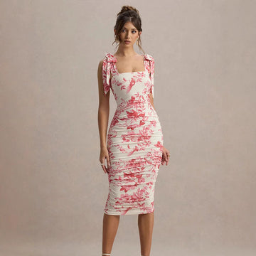 Women's  Summer Floral Print Ruched Dress Retro Fashion Trendy Casual Maxi Dresses