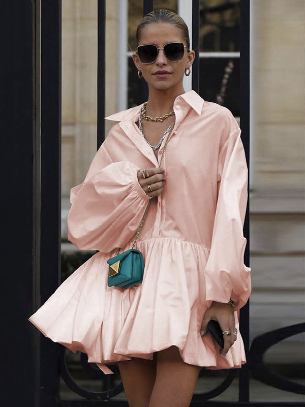 Urban Puff Sleeves Buttoned Split-Joint Solid Color Lapel Mini Dresses Shirt Dress