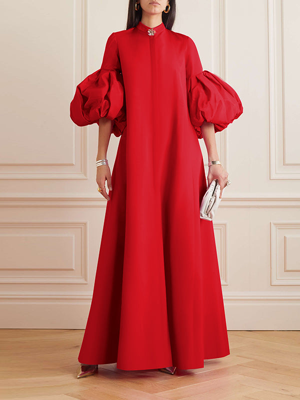 Loose Flower Shape Solid Color Stand Collar Evening Dresses Maxi Dresses