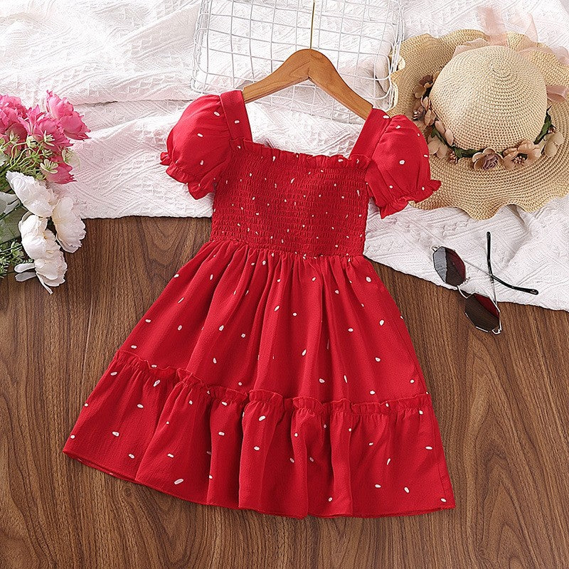Girls' Polka Dot Square Neck Short Sleeve Dress