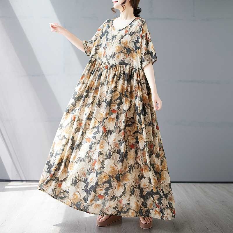 Loose Short Sleeve Round Neck Print Dress