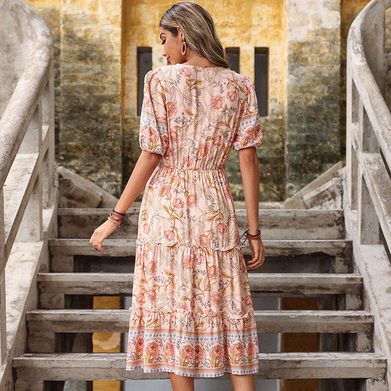 V-Neck Short Sleeves Printed Midi Dress