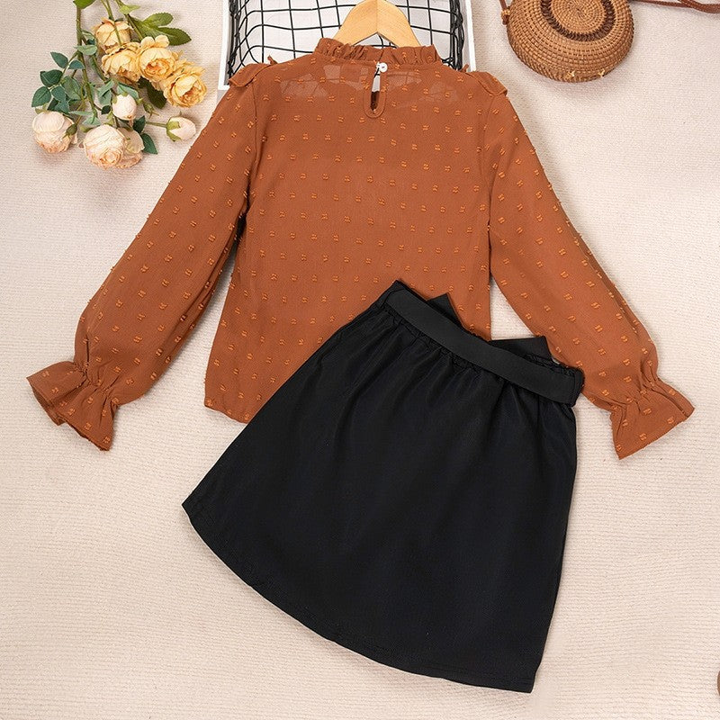 Girls Lace Splicing Polka Dot Long Sleeve Top Short Skirt Set