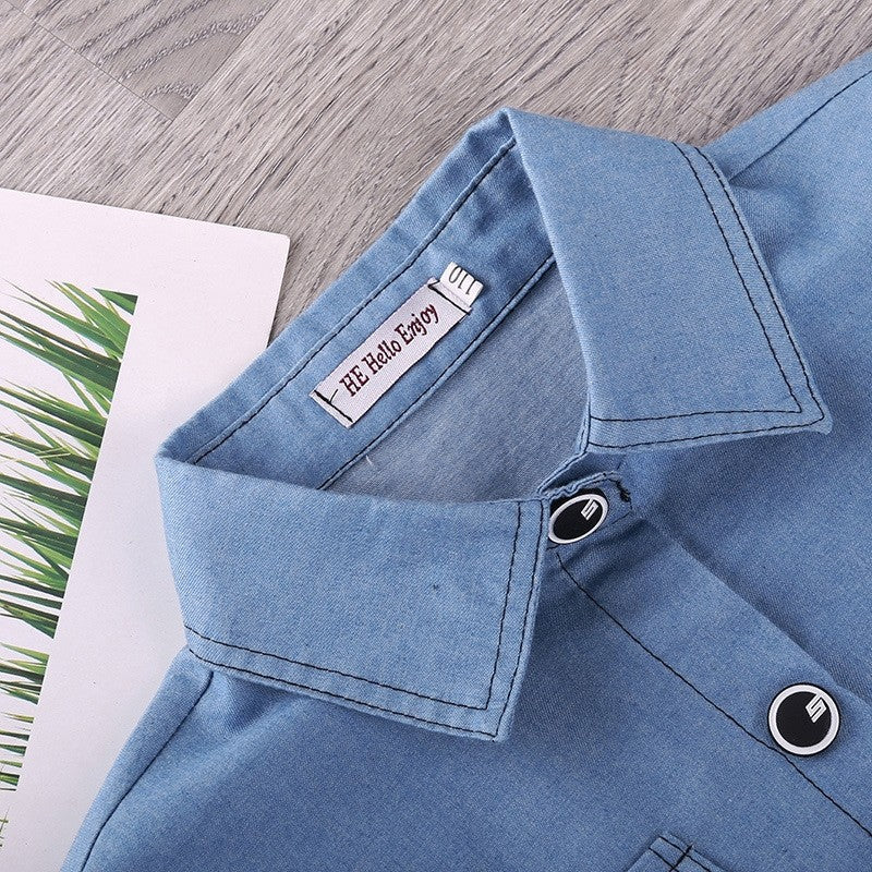 Denim Short Sleeve Jacket Suspender Skirt Girl's Set