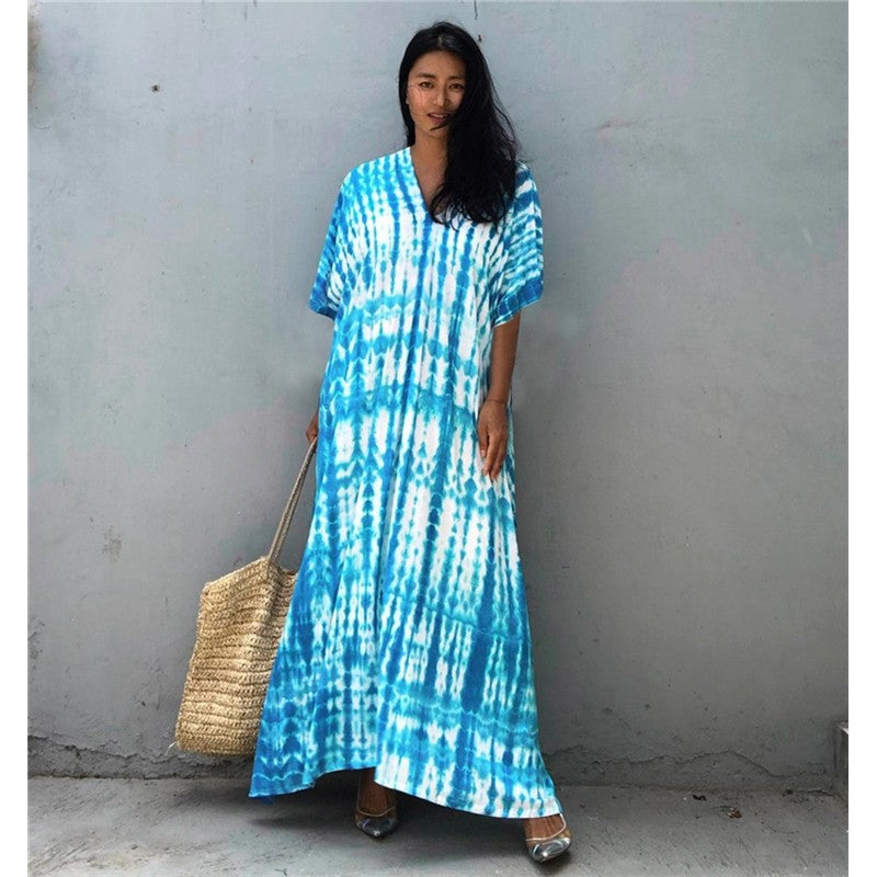 Half Sleeves V-Neck Tie-Dyed Maxi Dress