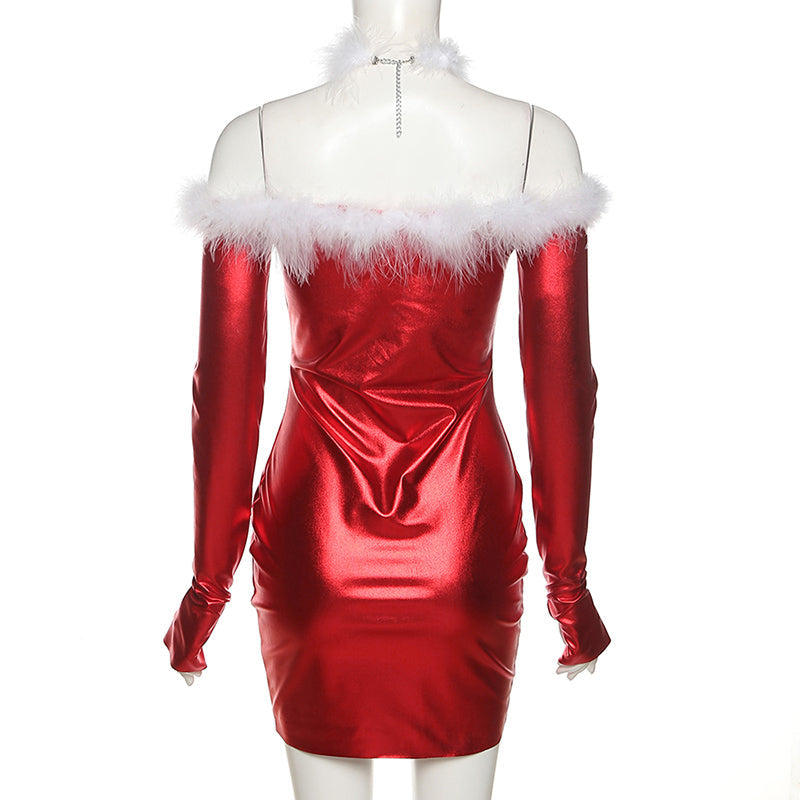 New Year Sexy One Piece Christmas Dress For Women Strapless Off Shoulder Party Red Dresses Clothes Mini Bodycon Party Dress