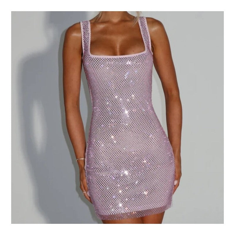 Sequin Fitted Mesh Crystal Spaghetti Strap Gown Dress
