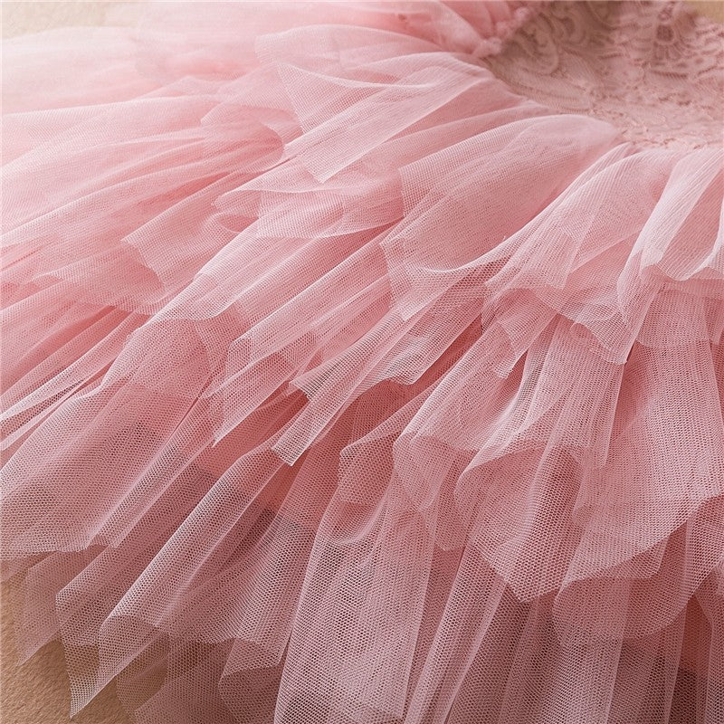 Girls' Solid Color Lace Embroidered Tulle Princess Dress