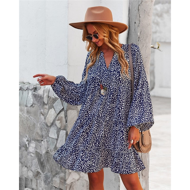 Long Sleeve V-Neck Leopard Print Casual Resort Dress
