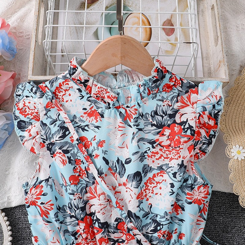 Fly Sleeve Printed Pleated Princess Dress