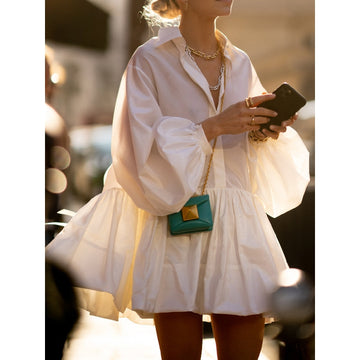 Urban Puff Sleeves Buttoned Split-Joint Solid Color Lapel Mini Dresses Shirt Dress