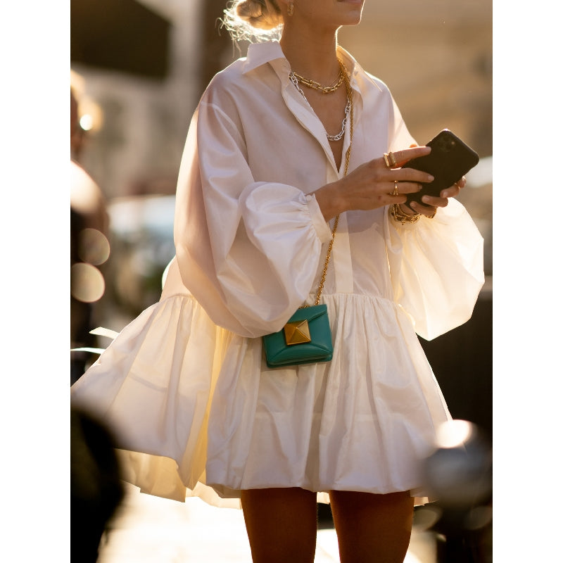 Urban Puff Sleeves Buttoned Split-Joint Solid Color Lapel Mini Dresses Shirt Dress