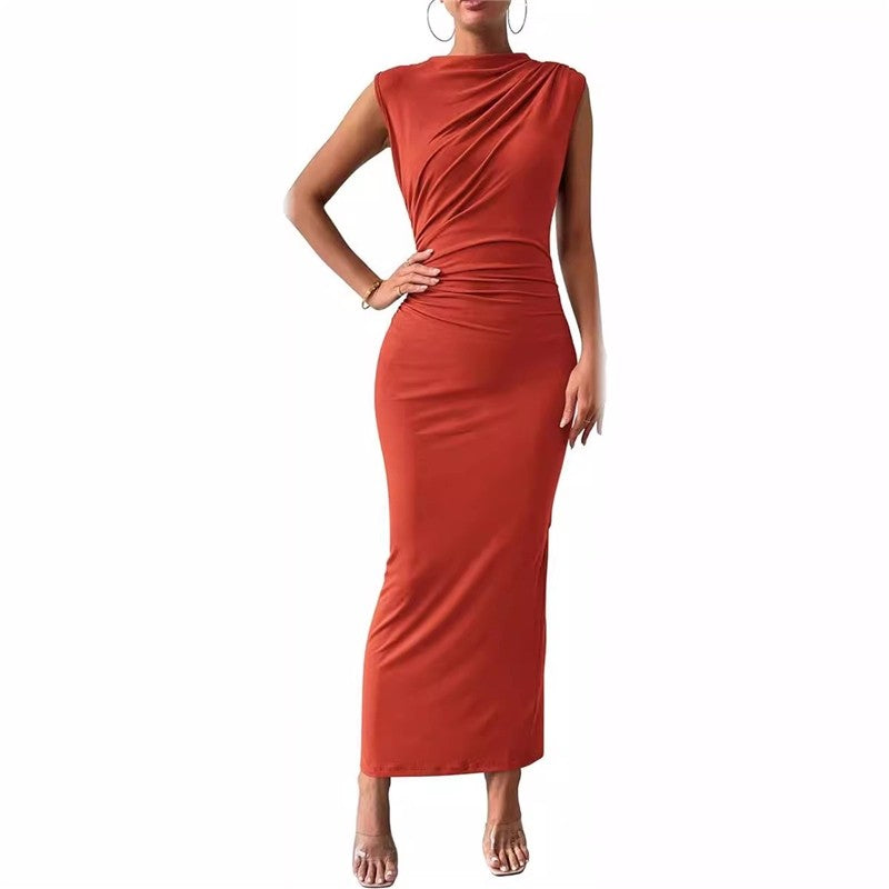 Sleeveless Back Slit Pleated Bodycon Maxi Dress