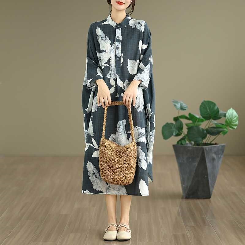 Loose Print Mandarin Collar Midi Dress