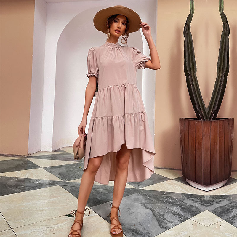Stand Collar Short Sleeves Solid Midi Dress