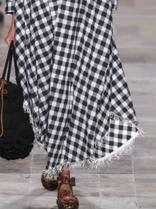 Long Sleeves Loose Buttoned Fringed Plaid V-Neck Maxi Dresses