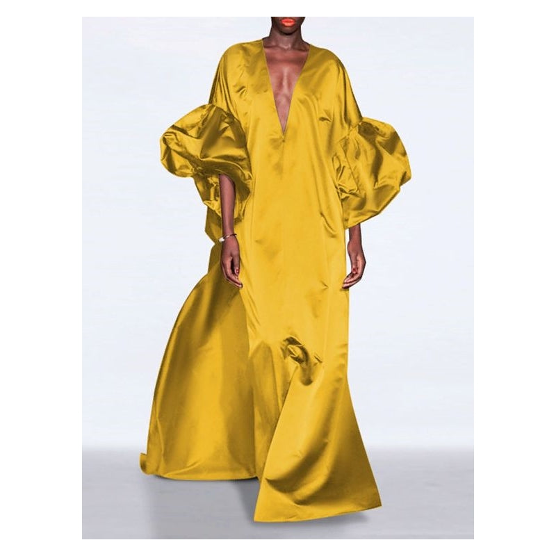 Loose Puff Sleeves Solid Color V-Neck Maxi Dresses