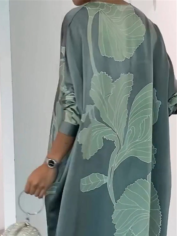 Long Sleeves Buttoned Contrast Color Flower&Leaves Print Muslim V-Neck Midi Dresses