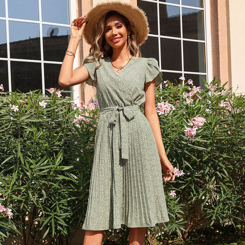 Summer Green Printed Pleated V-Neck Boho Dress