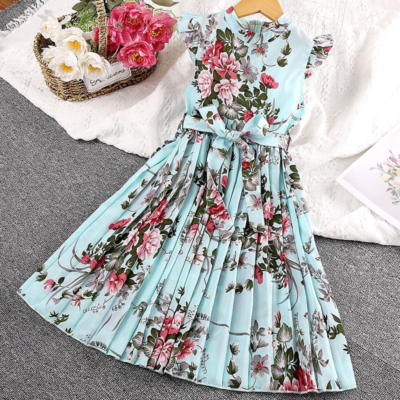 Girls' Printed Dash Sleeve Lace-Up Dress