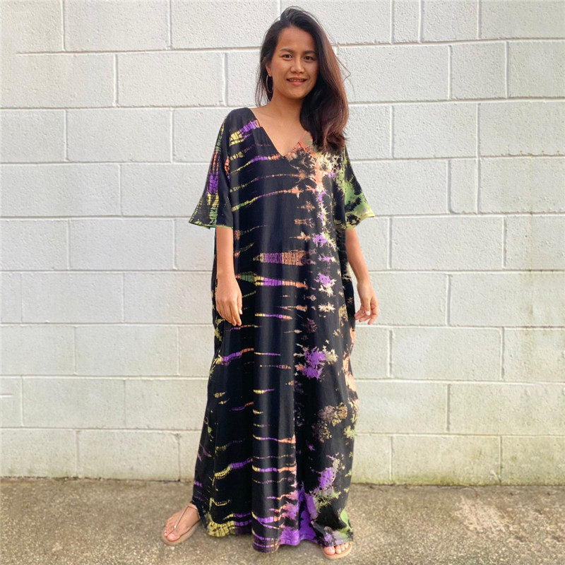 Half Sleeves V-Neck Tie-Dyed Maxi Dress