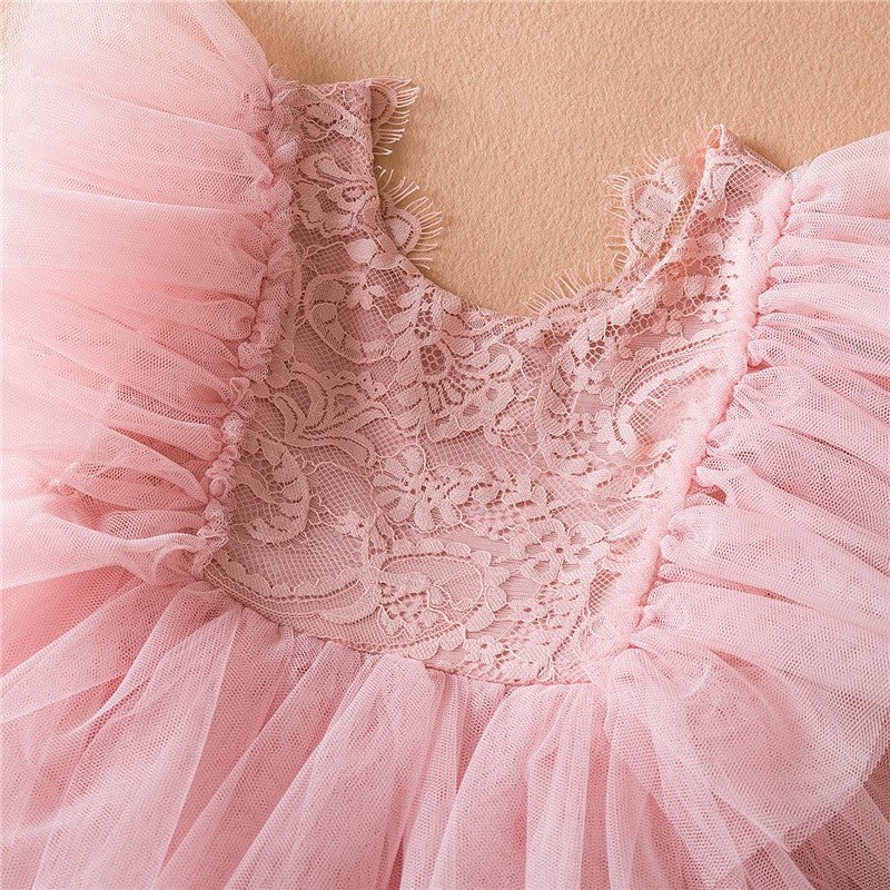 Girls' Solid Color Lace Embroidered Tulle Princess Dress