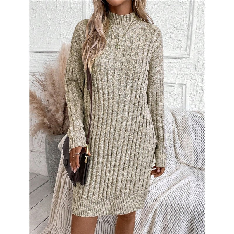 Solid Color High Neck Long Sleeve Knit Bodycon Dress