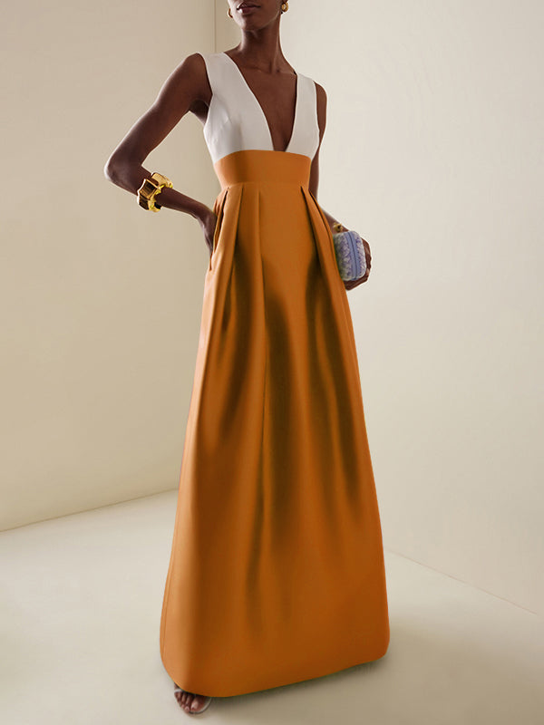 A-Line High Waisted Contrast Color Pleated Zipper Deep V-Neck Maxi Dresses