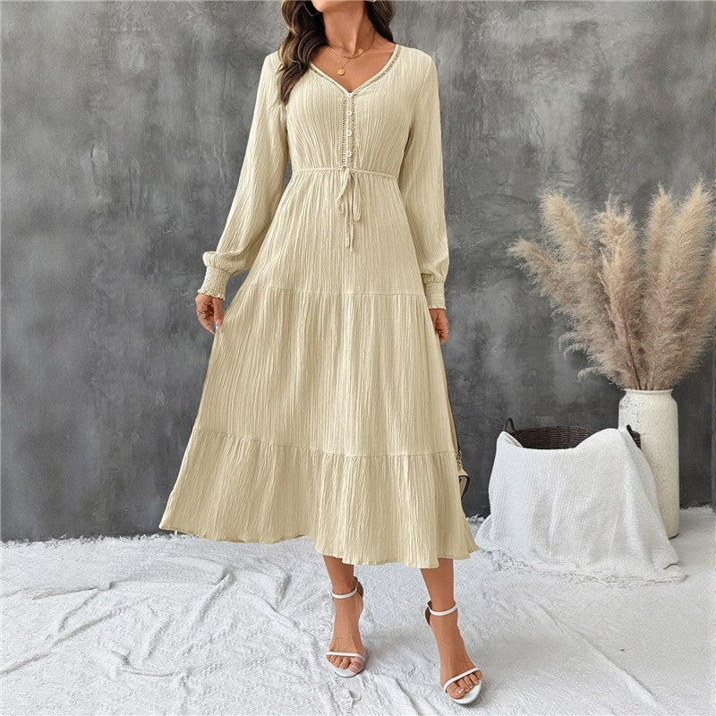 Solid V-Neck Textured Long Sleeve Dress