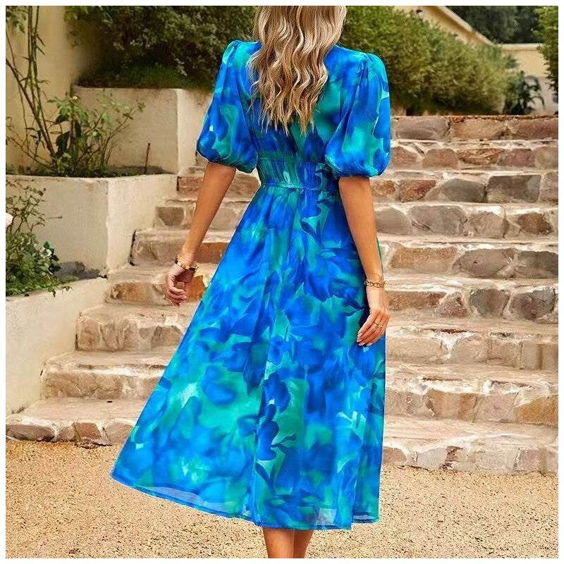 V-Neck Print Elastic Waist Short Sleeve Dress