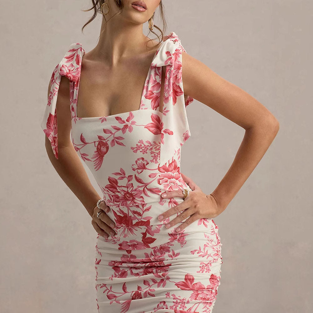 Women's  Summer Floral Print Ruched Dress Retro Fashion Trendy Casual Maxi Dresses