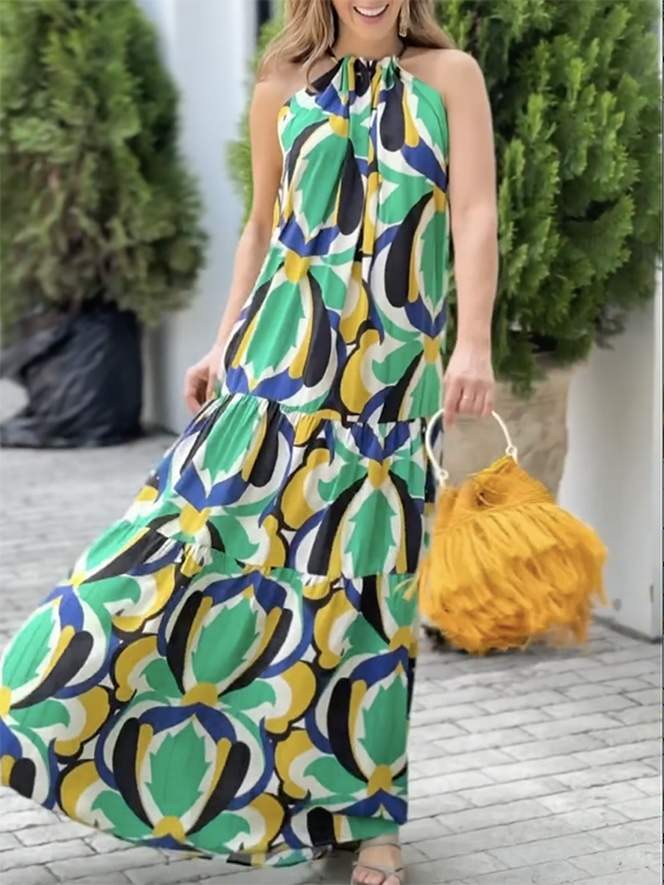 All-Match Geometric Tied Waist High Waisted Maxi Dresses