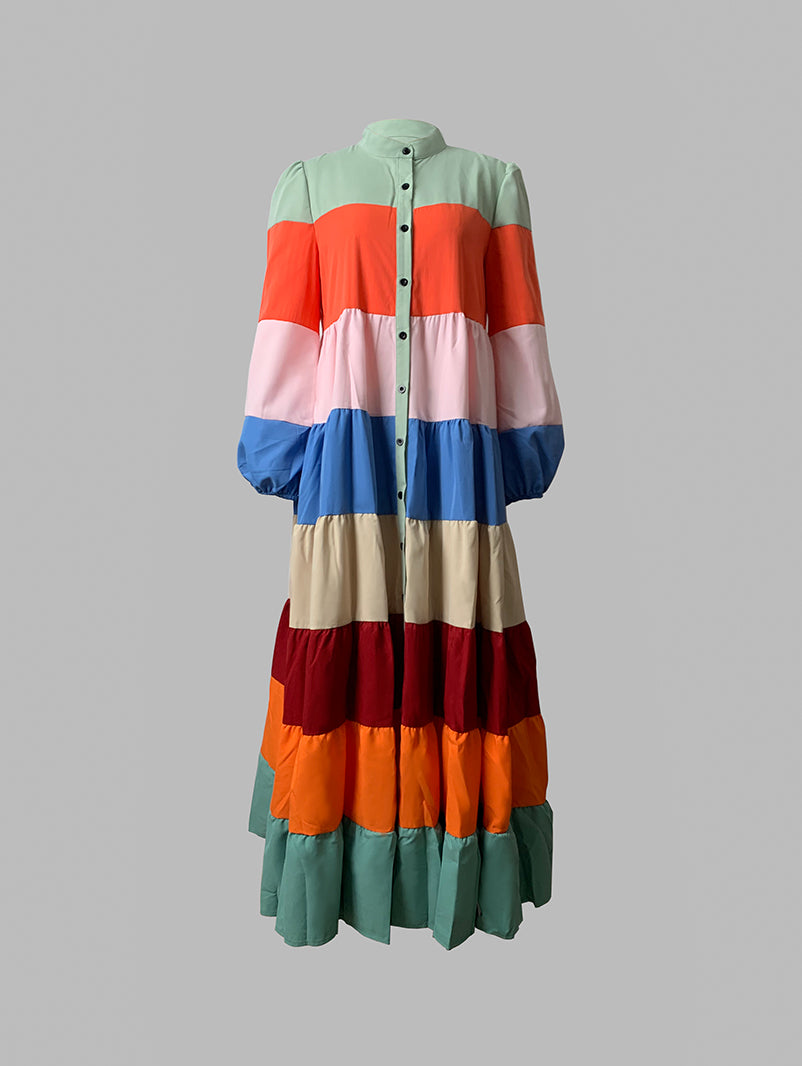 Long Sleeves Loose Buttoned Contrast Color Striped Stand Collar Outerwear