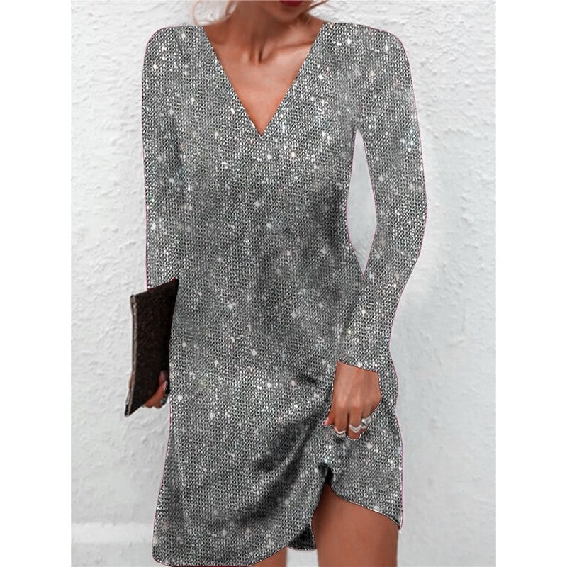 V-Neck Sequin Long Sleeve Short Dress