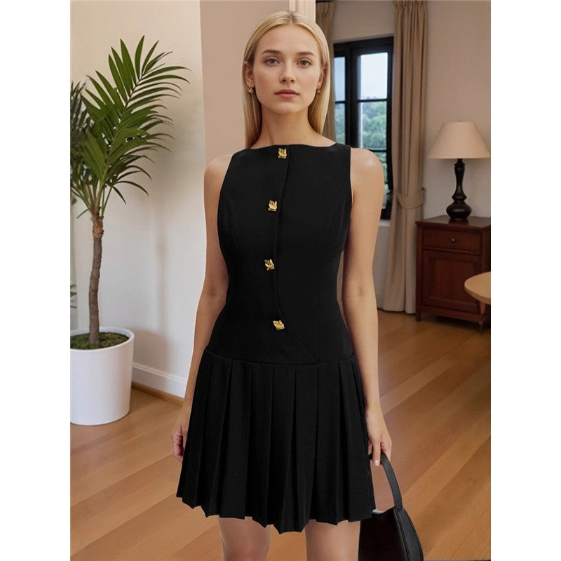 Sleeveless Pleated Waist Short Dress