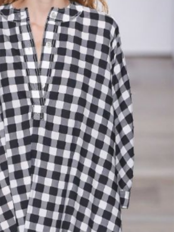 Long Sleeves Loose Buttoned Fringed Plaid V-Neck Maxi Dresses