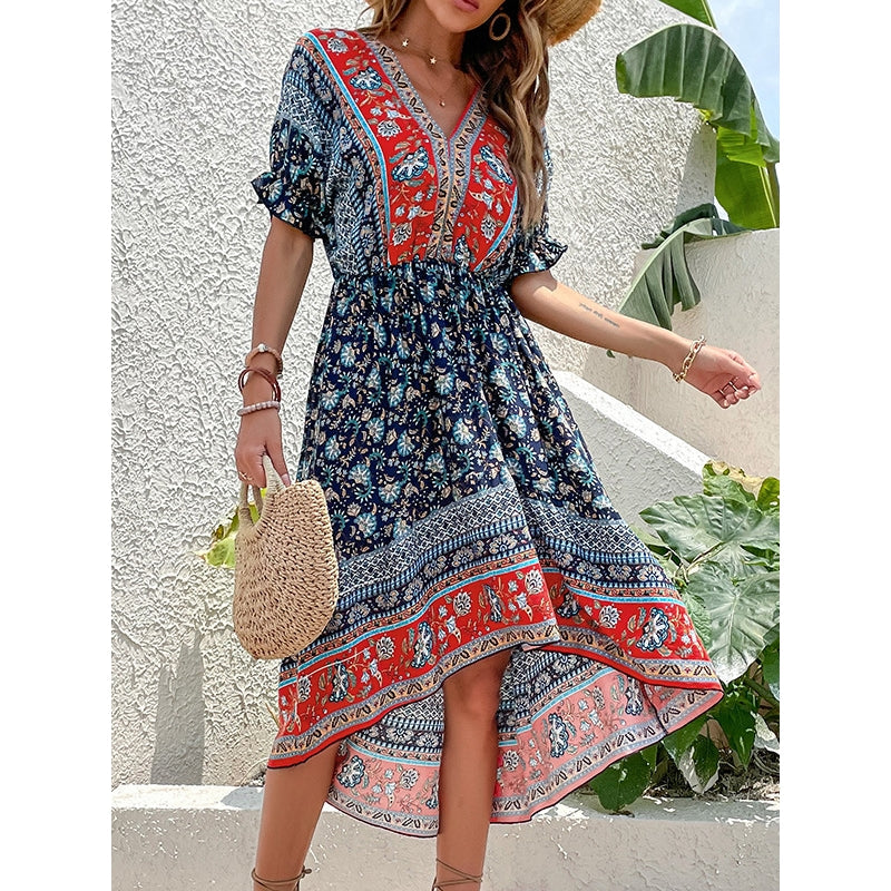 V-Neck Short Sleeves Backless Printed Midi Dress