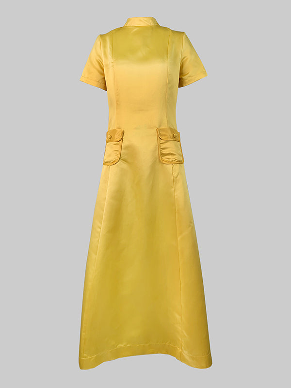 Short Sleeves Pockets Solid Color Split-Joint Stand Collar Maxi Dresses