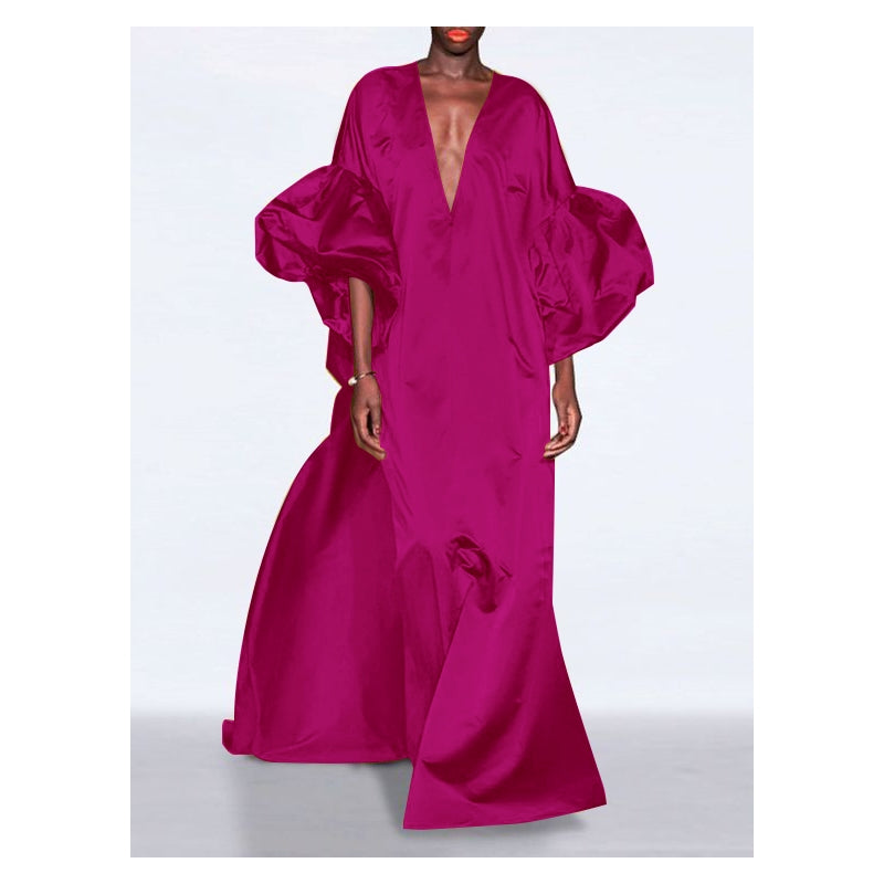 Loose Puff Sleeves Solid Color V-neck Maxi Dresses