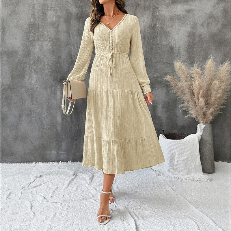 Solid V-Neck Textured Long Sleeve Dress