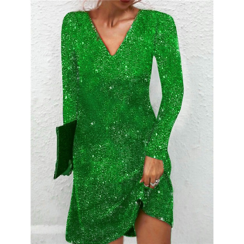 V-Neck Sequin Long Sleeve Short Dress