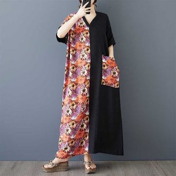 V Neck Printed Loose Long Dress