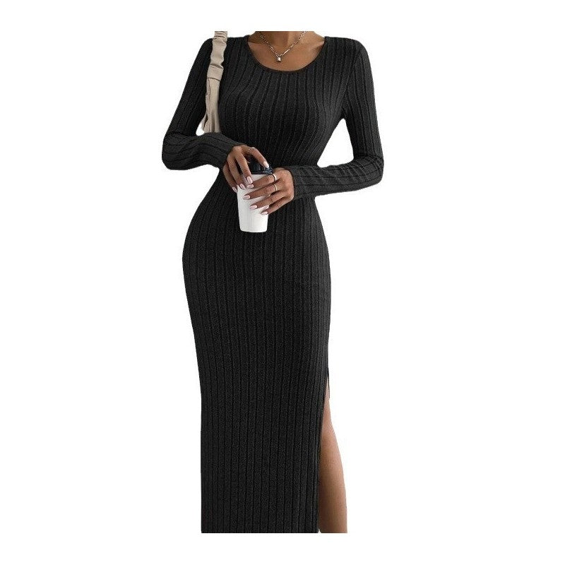 Long Sleeve Round Neck Slit Knit Maxi Dress