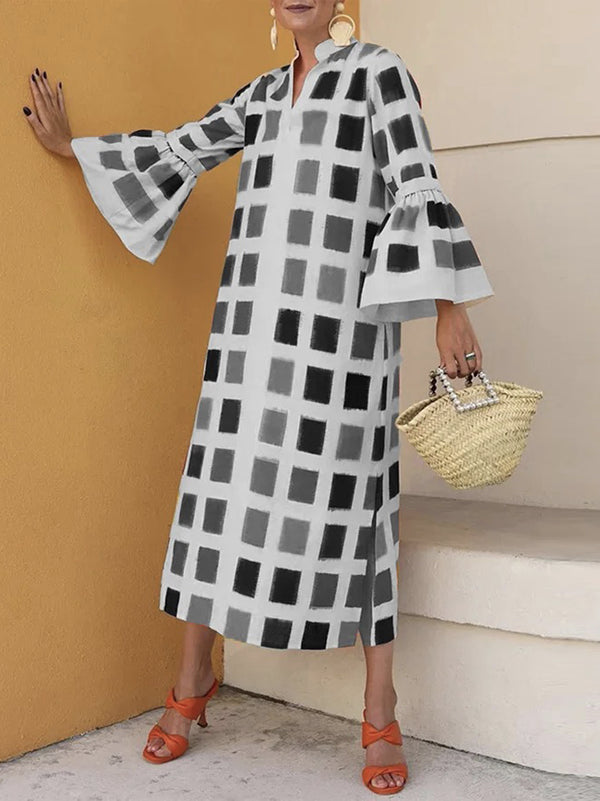 Flared Sleeves Multi-Colored Plaid Split-Joint V-neck Maxi Dresses Midi Dresses
