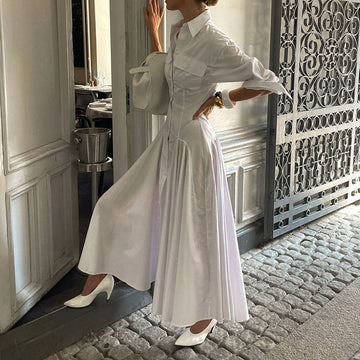 Pleated Button Down Collar Long Sleeve Shirt Dress